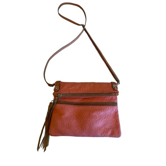 Embossed Faux Leather Crossbody Bag With Adjustable Strap & Zip Closures - Picture 1 of 5